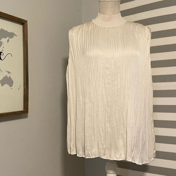 Vince Ivory Rib Mock Neck Crushed Satin Shell Blouse Size Medium - Picture 1 of 7